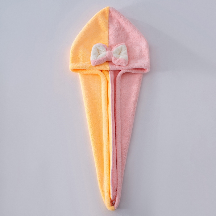 91家纺网 家纺一手货源 找家纺 彩虹毛巾 2025新款珊瑚绒浴帽公主风蝴蝶结干发帽洗头包头浴巾加厚干发巾 黄拼粉浴帽加厚单层款 25x65CM/只