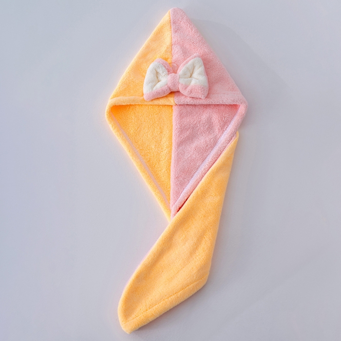 91家纺网 家纺一手货源 找家纺 彩虹毛巾 2025新款珊瑚绒浴帽公主风蝴蝶结干发帽洗头包头浴巾加厚干发巾 黄拼粉浴帽加厚单层款 25x65CM/只