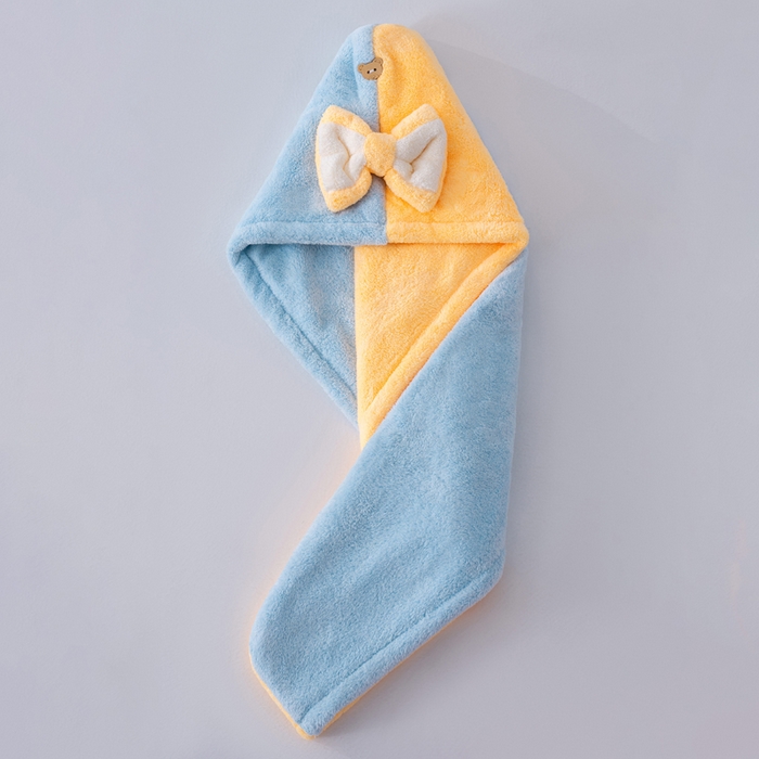 91家纺网 家纺一手货源 找家纺 彩虹毛巾 2025新款珊瑚绒浴帽公主风蝴蝶结干发帽洗头包头浴巾加厚干发巾 蓝拼黄浴帽加厚双层款 25x65CM/只