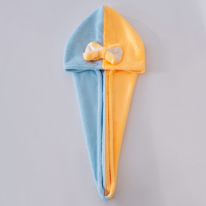 91家纺网 家纺一手货源 找家纺 彩虹毛巾 2025新款珊瑚绒浴帽公主风蝴蝶结干发帽洗头包头浴巾加厚干发巾 蓝拼黄浴帽加厚单层款 25x65CM/只