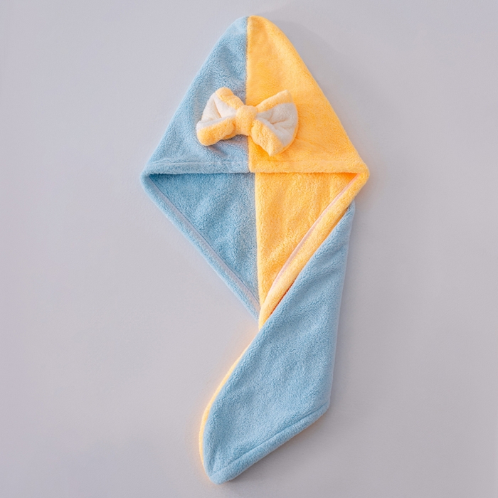 91家纺网 家纺一手货源 找家纺 彩虹毛巾 2025新款珊瑚绒浴帽公主风蝴蝶结干发帽洗头包头浴巾加厚干发巾 蓝拼黄浴帽加厚单层款 25x65CM/只