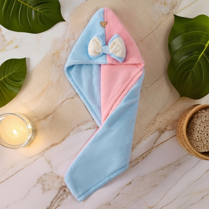 彩虹毛巾 2025新款珊瑚绒浴帽公主风蝴蝶结干发帽洗头包头浴巾加厚干发巾 粉拼蓝浴帽加厚双层款 25x65CM/只