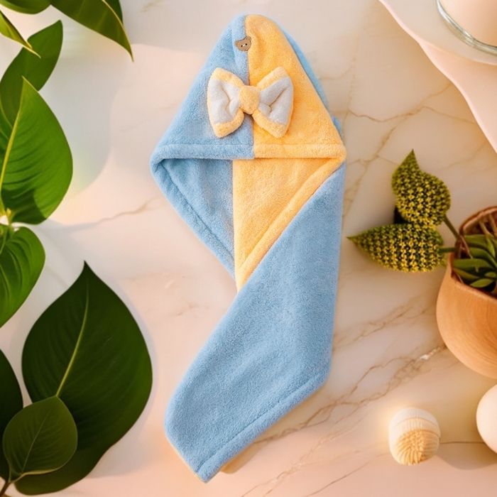 彩虹毛巾 2025新款珊瑚绒浴帽公主风蝴蝶结干发帽洗头包头浴巾加厚干发巾 蓝拼黄浴帽加厚双层款 25x65CM/只