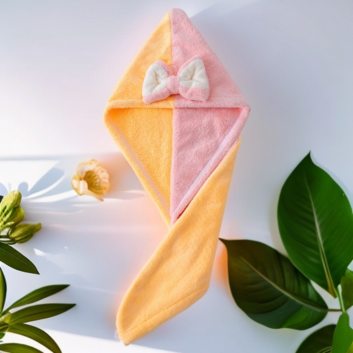 彩虹毛巾 2025新款珊瑚绒浴帽公主风蝴蝶结干发帽洗头包头浴巾加厚干发巾 黄拼粉浴帽加厚单层款 25x65CM/只