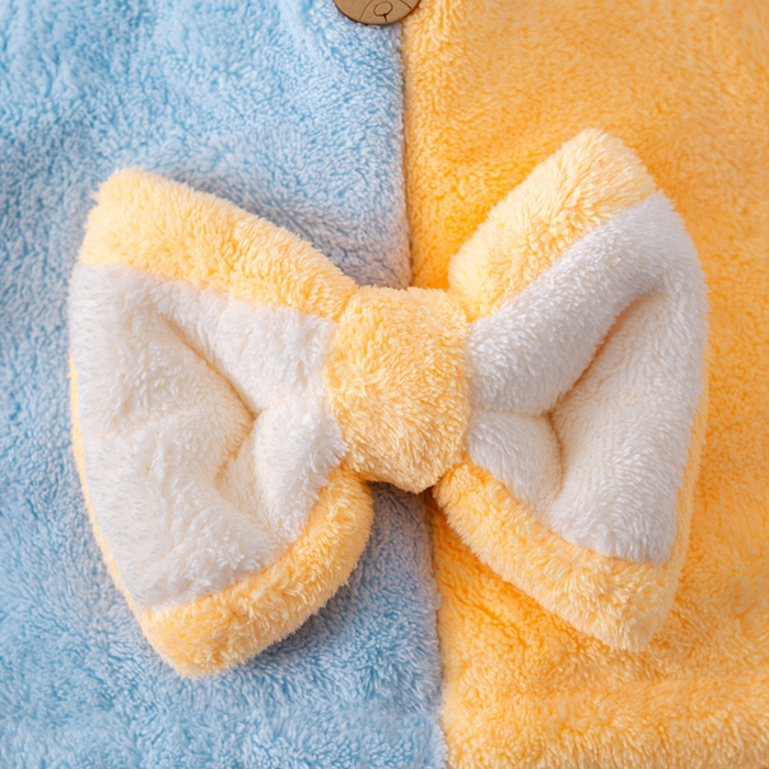 91家纺网 家纺一手货源 找家纺 彩虹毛巾 2025新款珊瑚绒浴帽公主风蝴蝶结干发帽洗头包头浴巾加厚干发巾 蓝拼黄浴帽加厚双层款 25x65CM/只