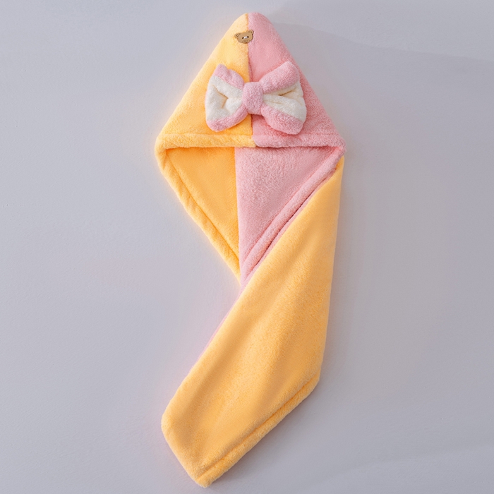 91家纺网 家纺一手货源 找家纺 彩虹毛巾 2025新款珊瑚绒浴帽公主风蝴蝶结干发帽洗头包头浴巾加厚干发巾 黄拼粉浴帽加厚双层款 25x65CM/只