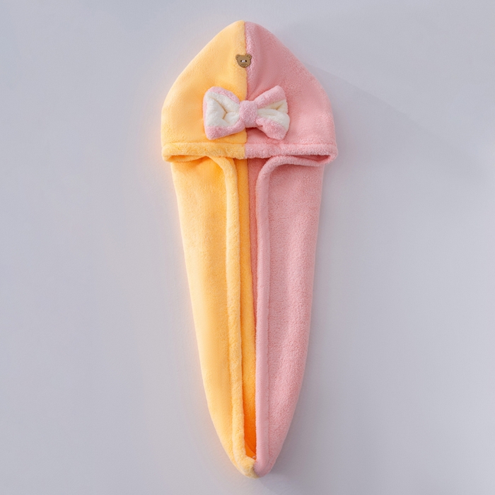 91家纺网 家纺一手货源 找家纺 彩虹毛巾 2025新款珊瑚绒浴帽公主风蝴蝶结干发帽洗头包头浴巾加厚干发巾 黄拼粉浴帽加厚双层款 25x65CM/只