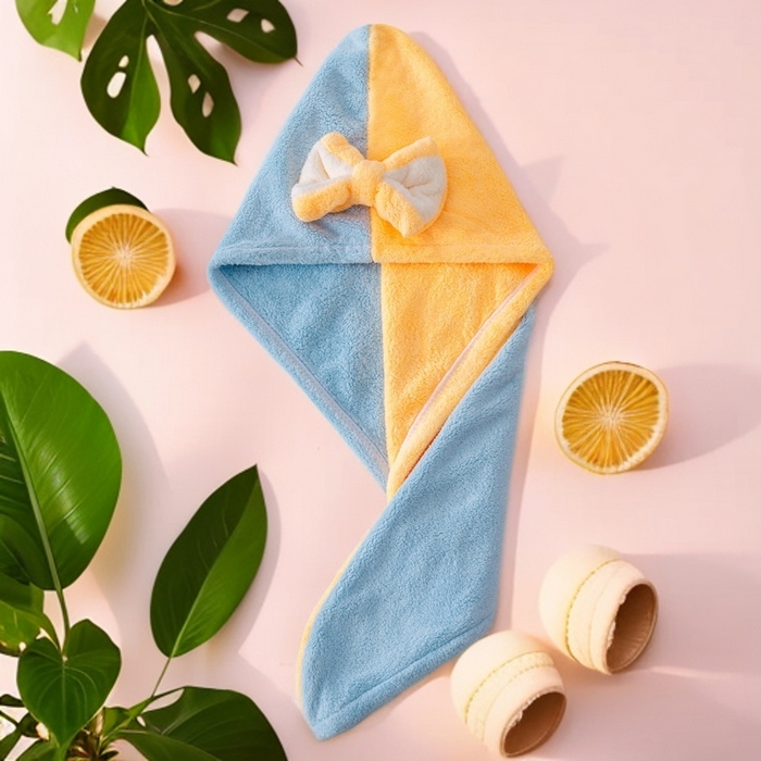 彩虹毛巾 2025新款珊瑚绒浴帽公主风蝴蝶结干发帽洗头包头浴巾加厚干发巾 蓝拼黄浴帽加厚单层款 25x65CM/只