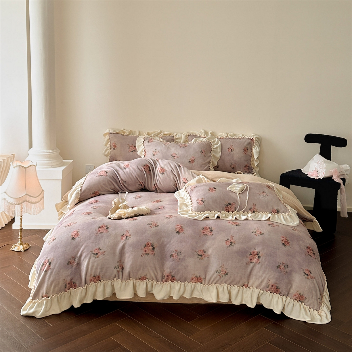 一左一右 2025秋冬新款法式少女风数码印花高克重花边牛奶绒四件套-薄雾玫瑰（提供买家秀） 薄雾玫瑰-奶酪