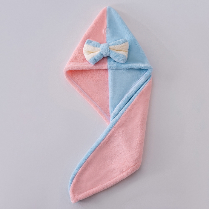 91家纺网 家纺一手货源 找家纺 彩虹毛巾 2025新款珊瑚绒浴帽公主风蝴蝶结干发帽洗头包头浴巾加厚干发巾 粉拼蓝浴帽加厚单层款 25x65CM/只