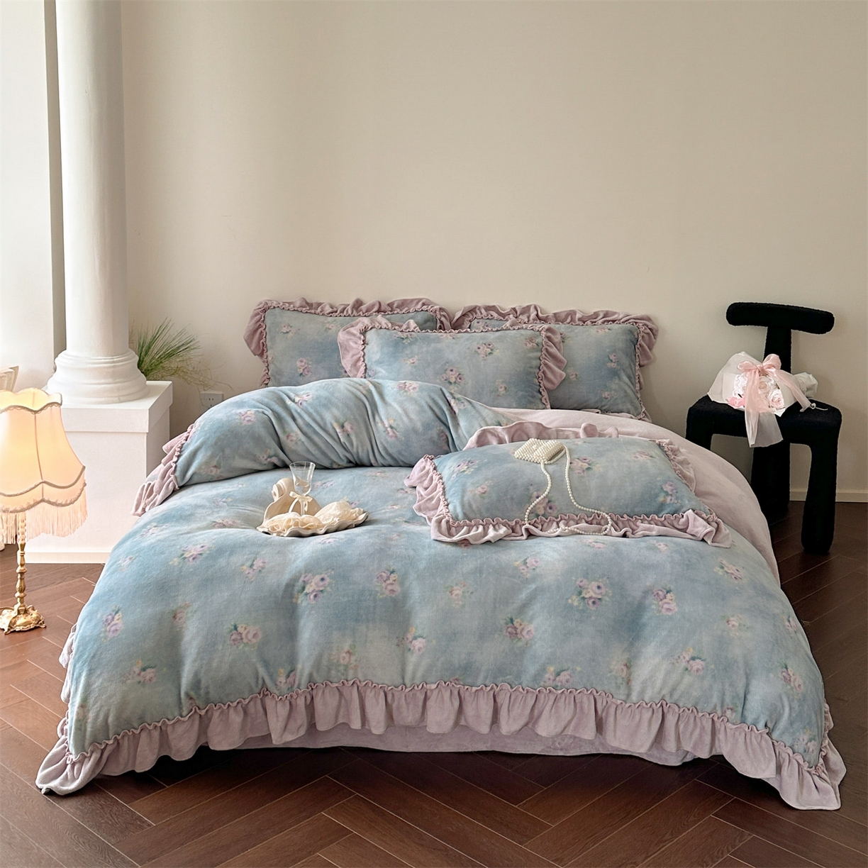 一左一右 2025秋冬新款法式少女风数码印花高克重花边牛奶绒四件套-薄雾玫瑰（提供买家秀） 薄雾玫瑰-丁香