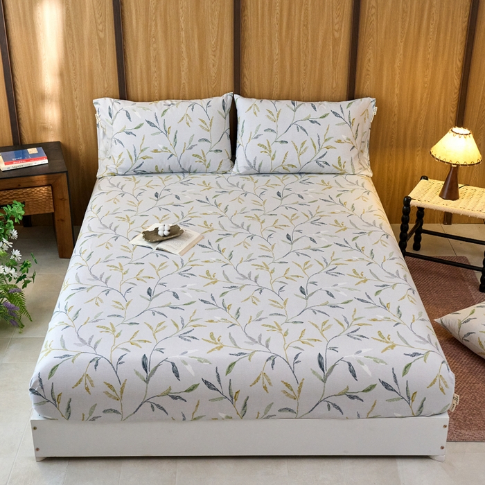 春皖家纺 2025新款全棉原棉磨毛色织水洗单床笠回暖系列-风格二 叶晴川