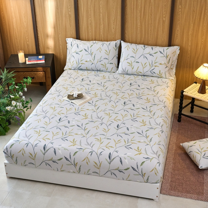 91家纺网 家纺一手货源 找家纺 春皖家纺 2025新款全棉原棉磨毛色织水洗单床笠回暖系列-风格二 叶晴川