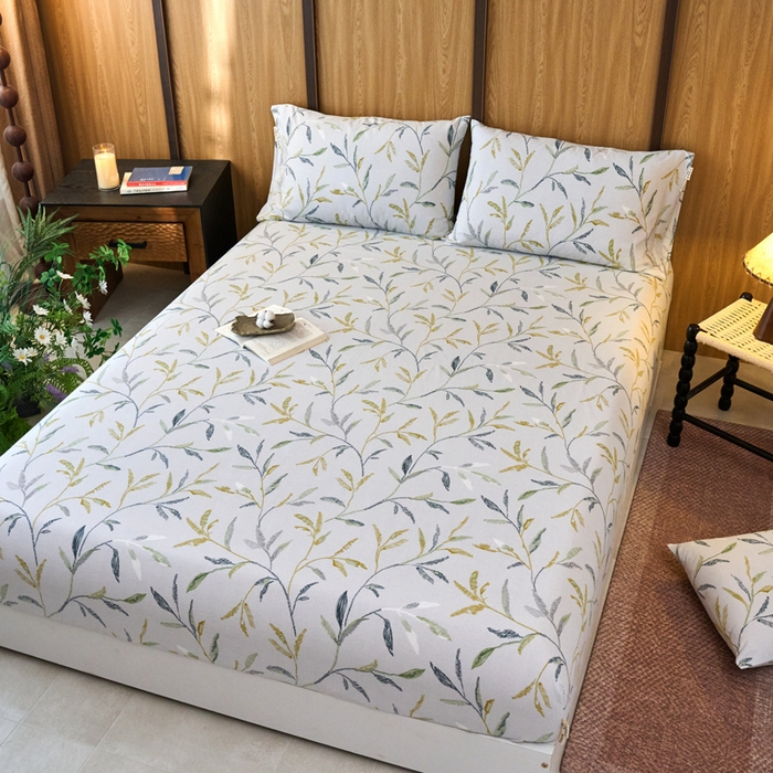 91家纺网 家纺一手货源 找家纺 春皖家纺 2025新款全棉原棉磨毛色织水洗单床笠回暖系列-风格二 叶晴川