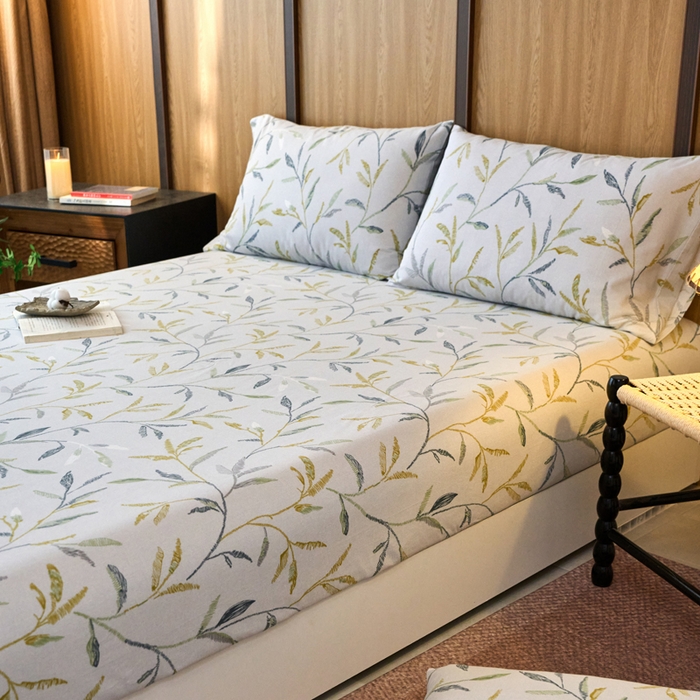 91家纺网 家纺一手货源 找家纺 春皖家纺 2025新款全棉原棉磨毛色织水洗单床笠回暖系列-风格二 叶晴川