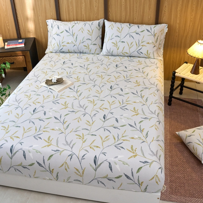 91家纺网 家纺一手货源 找家纺 春皖家纺 2025新款全棉原棉磨毛色织水洗单床笠回暖系列-风格二 叶晴川