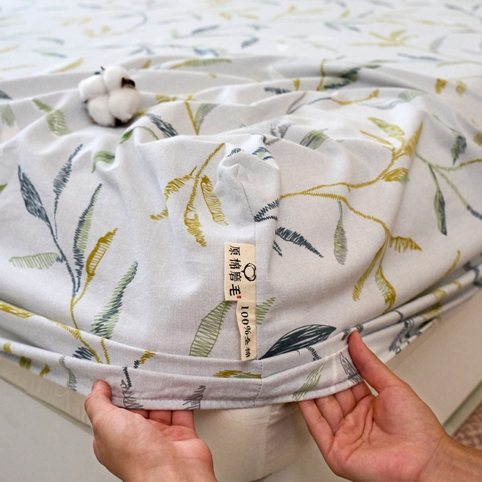 91家纺网 家纺一手货源 找家纺 春皖家纺 2025新款全棉原棉磨毛色织水洗单床笠回暖系列-风格二 叶晴川