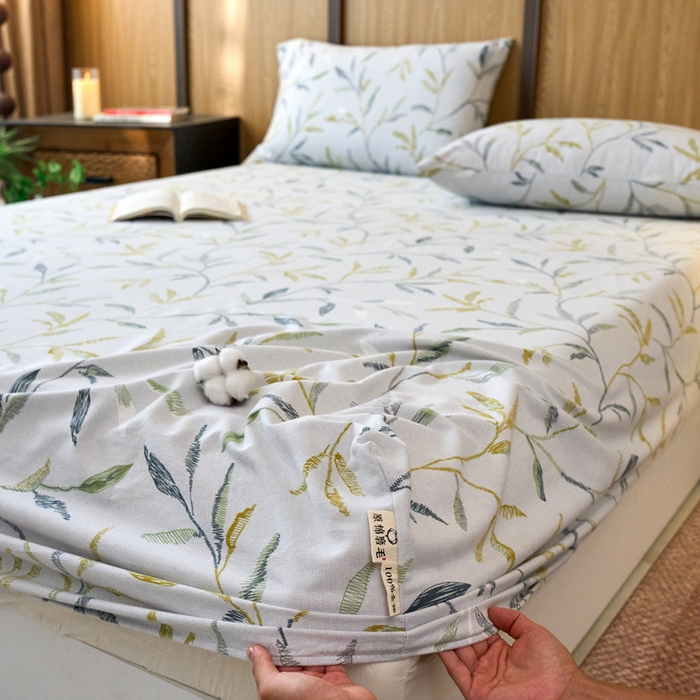 91家纺网 家纺一手货源 找家纺 春皖家纺 2025新款全棉原棉磨毛色织水洗单床笠回暖系列-风格二 叶晴川