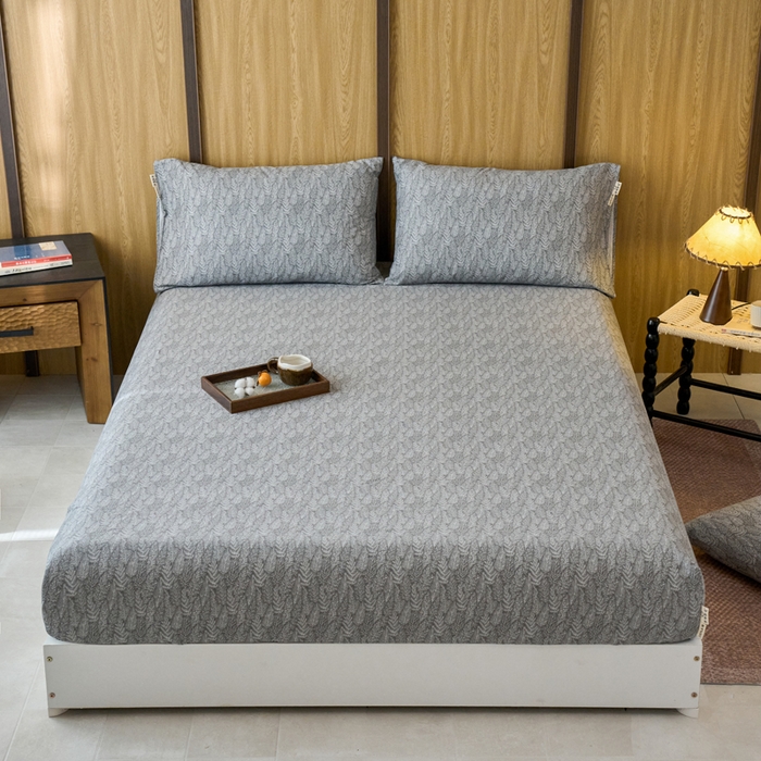 春皖家纺 2025新款全棉原棉磨毛色织水洗单床笠回暖系列-风格二 叶相思