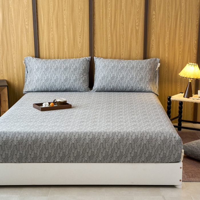 91家纺网 家纺一手货源 找家纺 春皖家纺 2025新款全棉原棉磨毛色织水洗单床笠回暖系列-风格二 叶相思