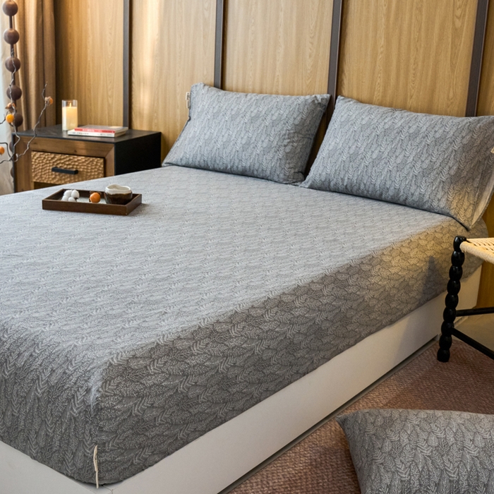 91家纺网 家纺一手货源 找家纺 春皖家纺 2025新款全棉原棉磨毛色织水洗单床笠回暖系列-风格二 叶相思