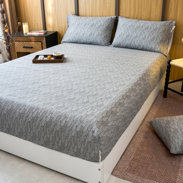 91家纺网 家纺一手货源 找家纺 春皖家纺 2025新款全棉原棉磨毛色织水洗单床笠回暖系列-风格二 叶相思