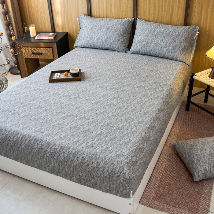 91家纺网 家纺一手货源 找家纺 春皖家纺 2025新款全棉原棉磨毛色织水洗单床笠回暖系列-风格二 叶相思