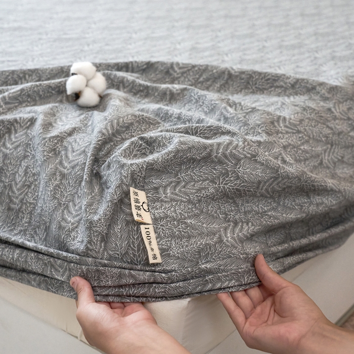 91家纺网 家纺一手货源 找家纺 春皖家纺 2025新款全棉原棉磨毛色织水洗单床笠回暖系列-风格二 叶相思