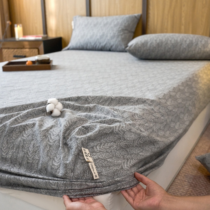 91家纺网 家纺一手货源 找家纺 春皖家纺 2025新款全棉原棉磨毛色织水洗单床笠回暖系列-风格二 叶相思