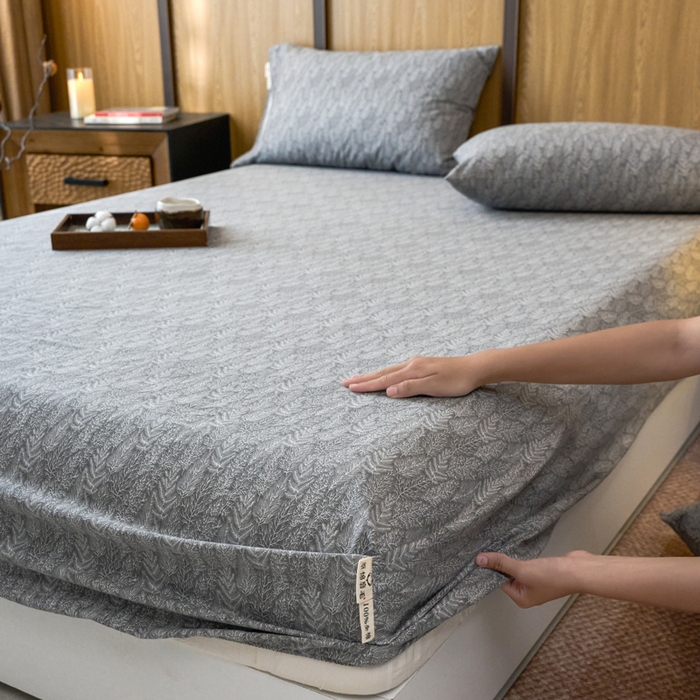 91家纺网 家纺一手货源 找家纺 春皖家纺 2025新款全棉原棉磨毛色织水洗单床笠回暖系列-风格二 叶相思