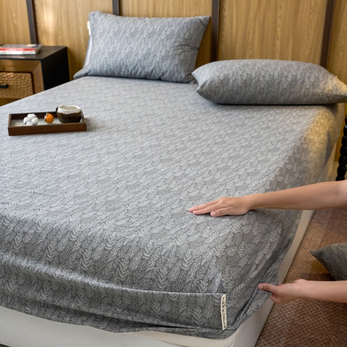 91家纺网 家纺一手货源 找家纺 春皖家纺 2025新款全棉原棉磨毛色织水洗单床笠回暖系列-风格二 叶相思