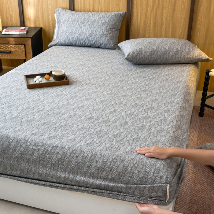 91家纺网 家纺一手货源 找家纺 春皖家纺 2025新款全棉原棉磨毛色织水洗单床笠回暖系列-风格二 叶相思