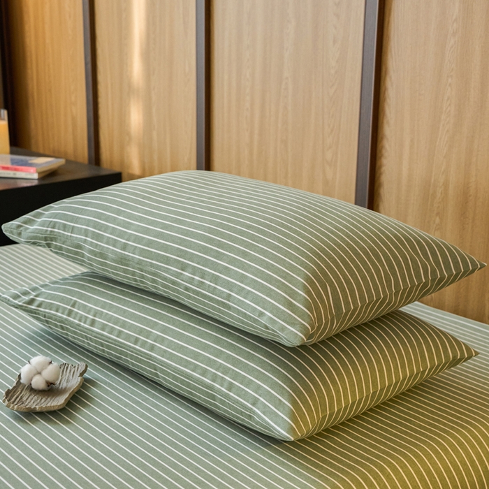 91家纺网 家纺一手货源 找家纺 春皖家纺 2025新款全棉原棉磨毛色织水洗单枕套回暖系列-风格二 艾绿条