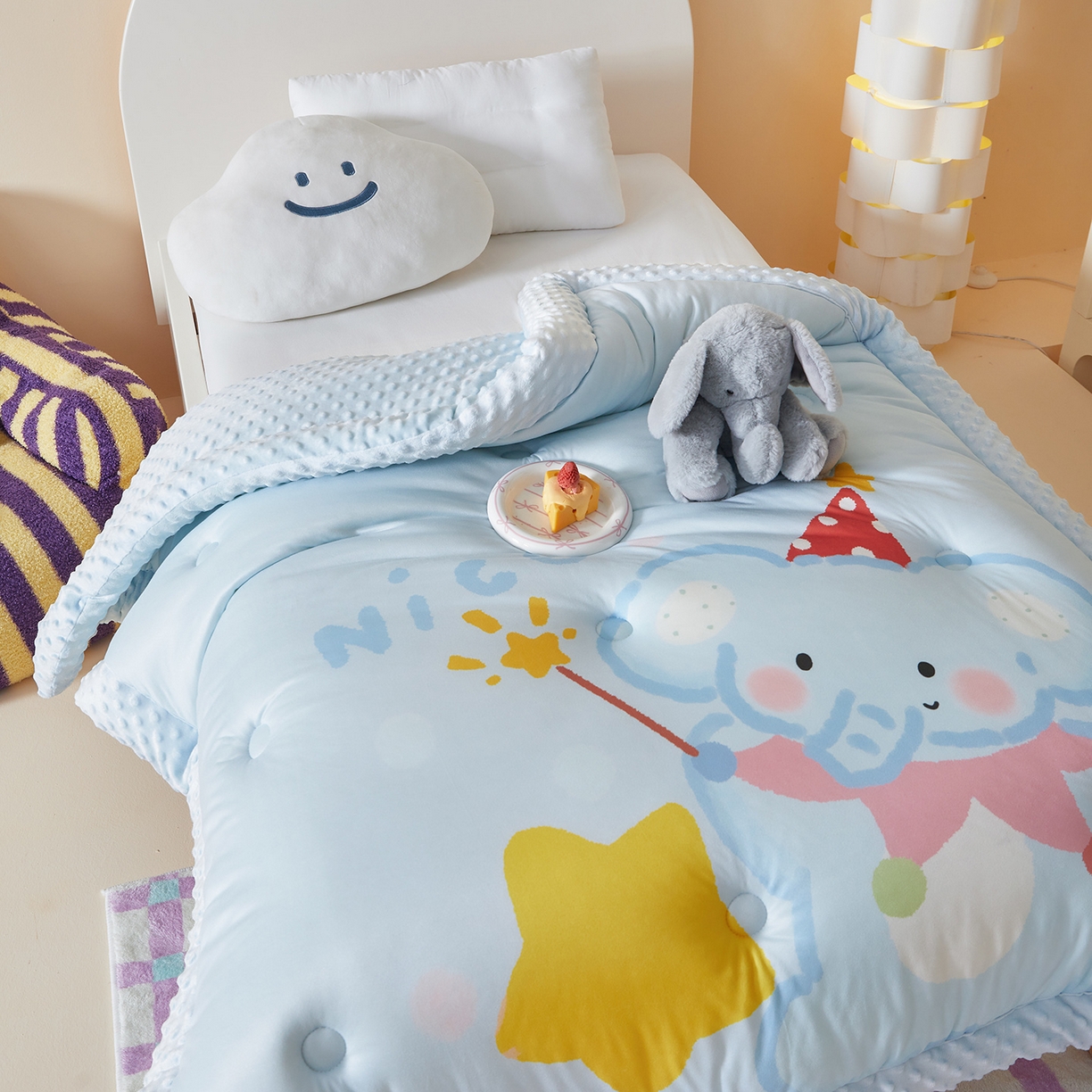 91家纺网 家纺一手货源 找家纺 荷马之梦 2025新款A类针织棉数码印花卡通手绘豆豆绒儿童被芯春秋被冬被-安睡系列 萌萌小象