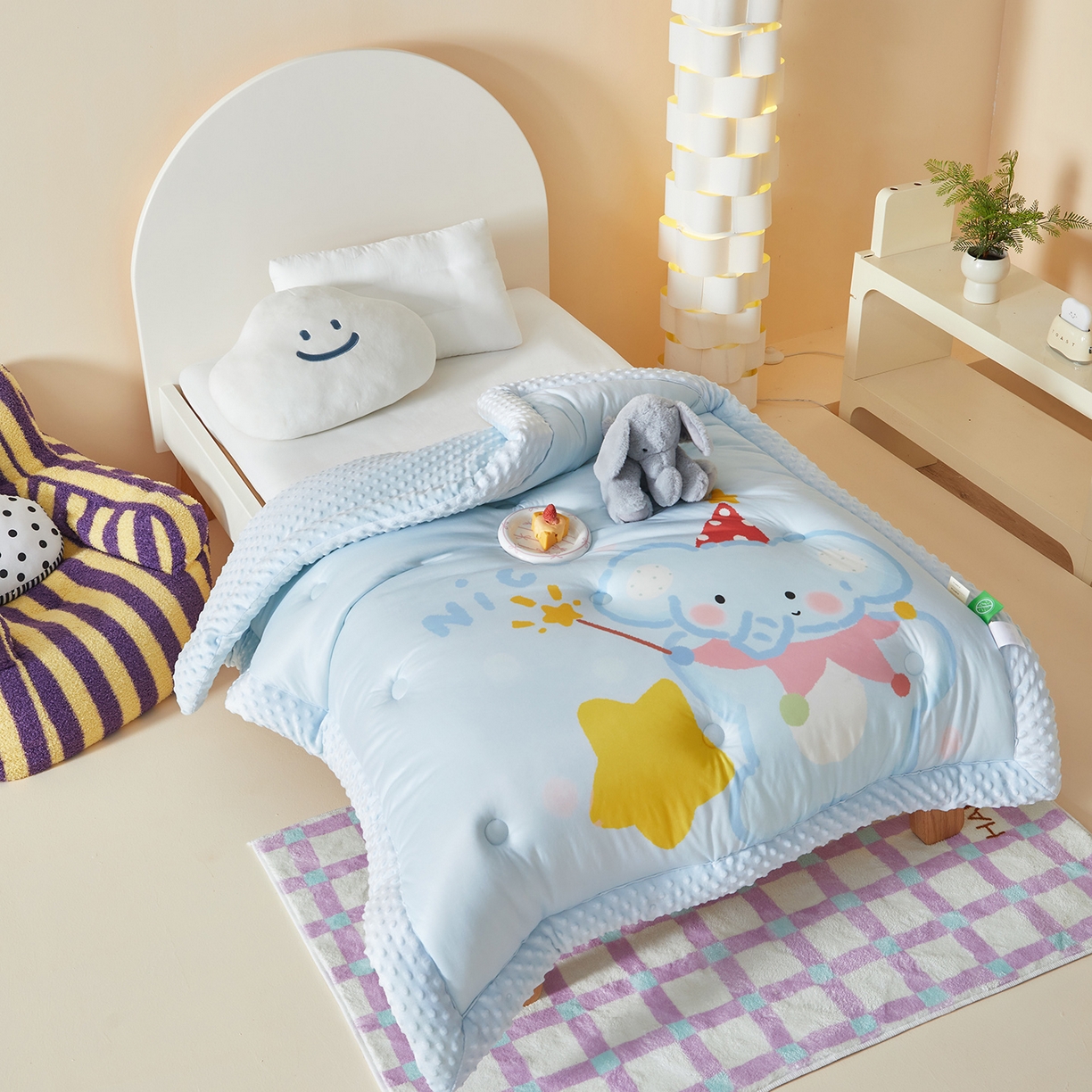 91家纺网 家纺一手货源 找家纺 荷马之梦 2025新款A类针织棉数码印花卡通手绘豆豆绒儿童被芯春秋被冬被-安睡系列 萌萌小象