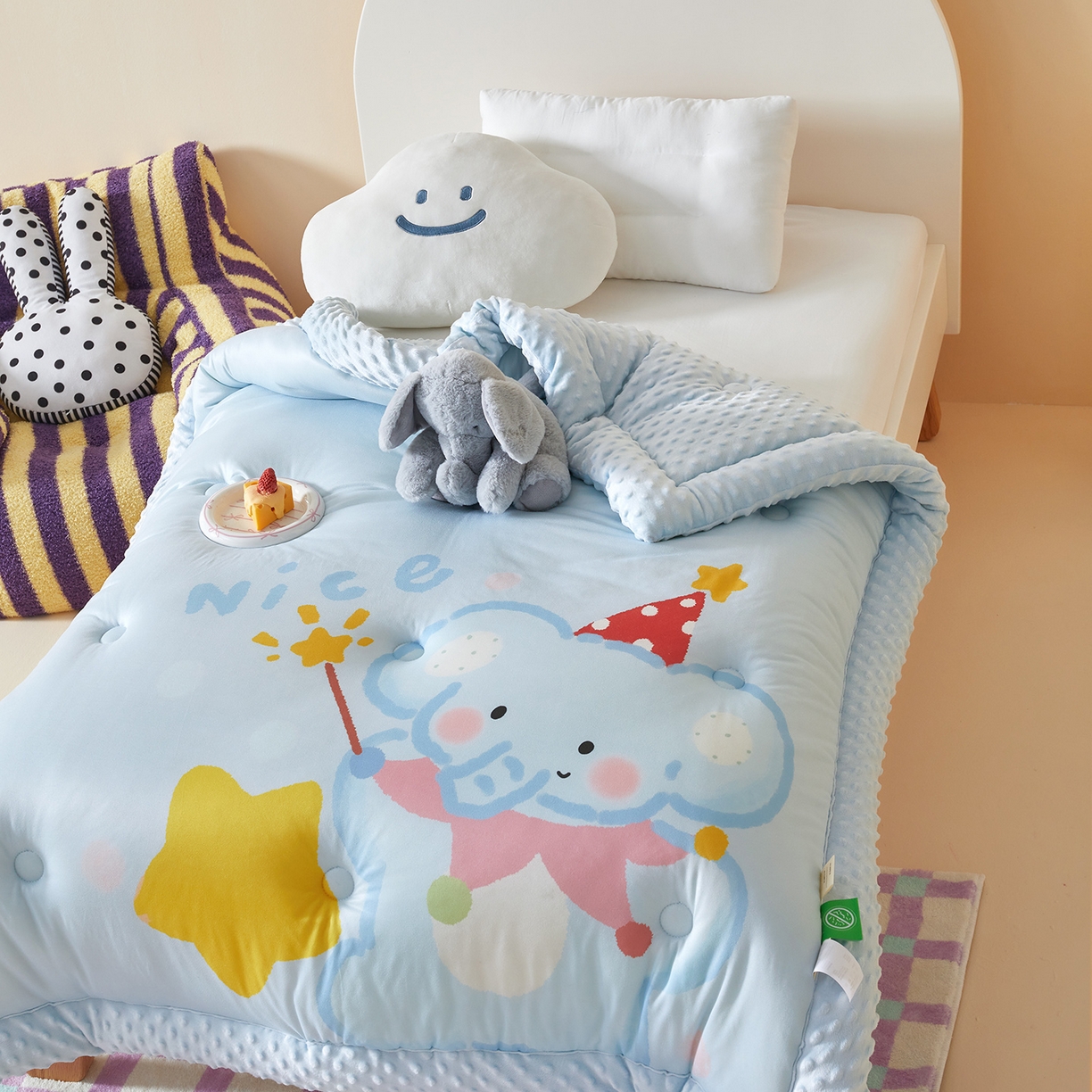 91家纺网 家纺一手货源 找家纺 荷马之梦 2025新款A类针织棉数码印花卡通手绘豆豆绒儿童被芯春秋被冬被-安睡系列 萌萌小象