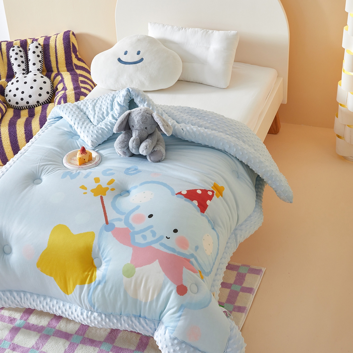 91家纺网 家纺一手货源 找家纺 荷马之梦 2025新款A类针织棉数码印花卡通手绘豆豆绒儿童被芯春秋被冬被-安睡系列 萌萌小象
