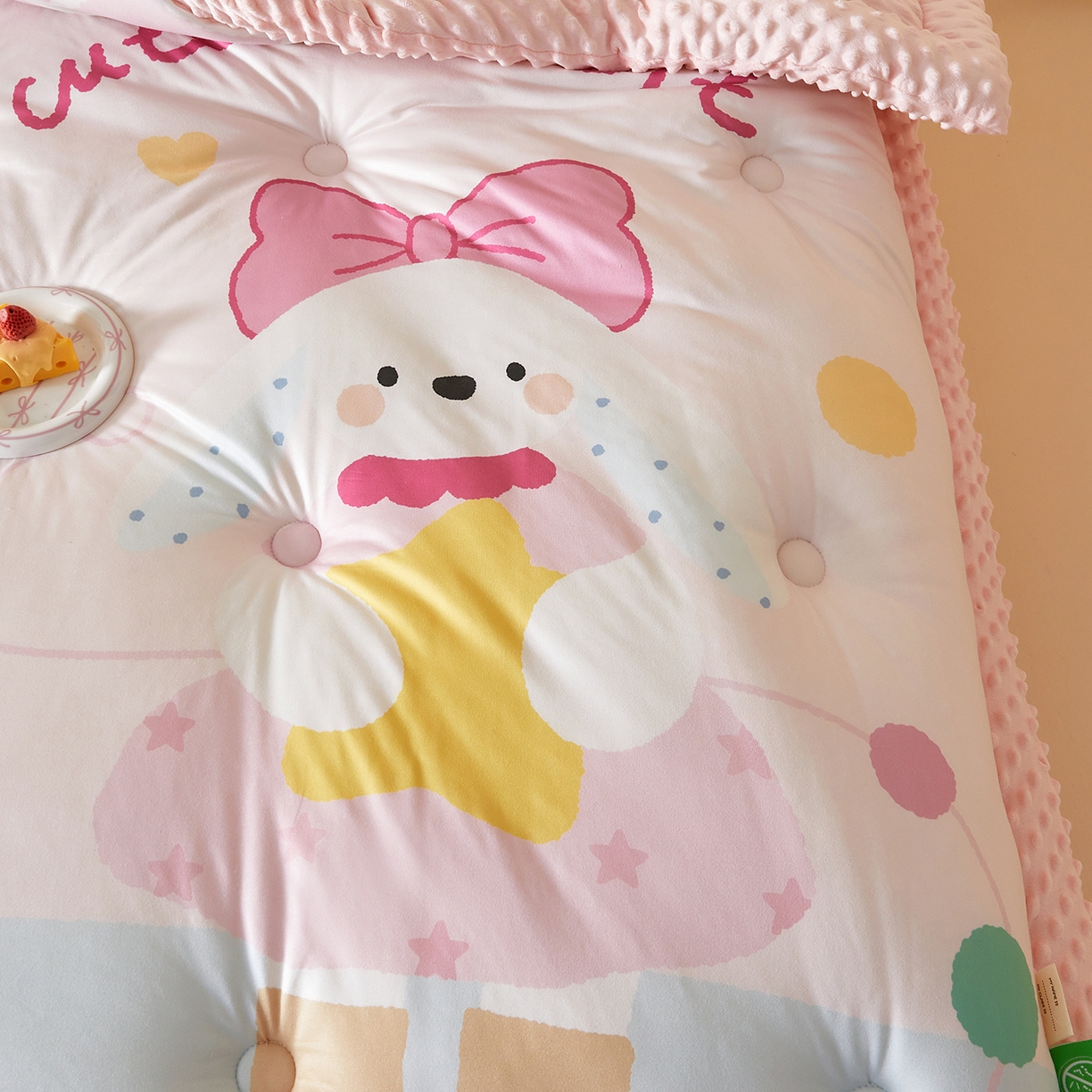 91家纺网 家纺一手货源 找家纺 荷马之梦 2025新款A类针织棉数码印花卡通手绘豆豆绒儿童被芯春秋被冬被-安睡系列 爱心兔