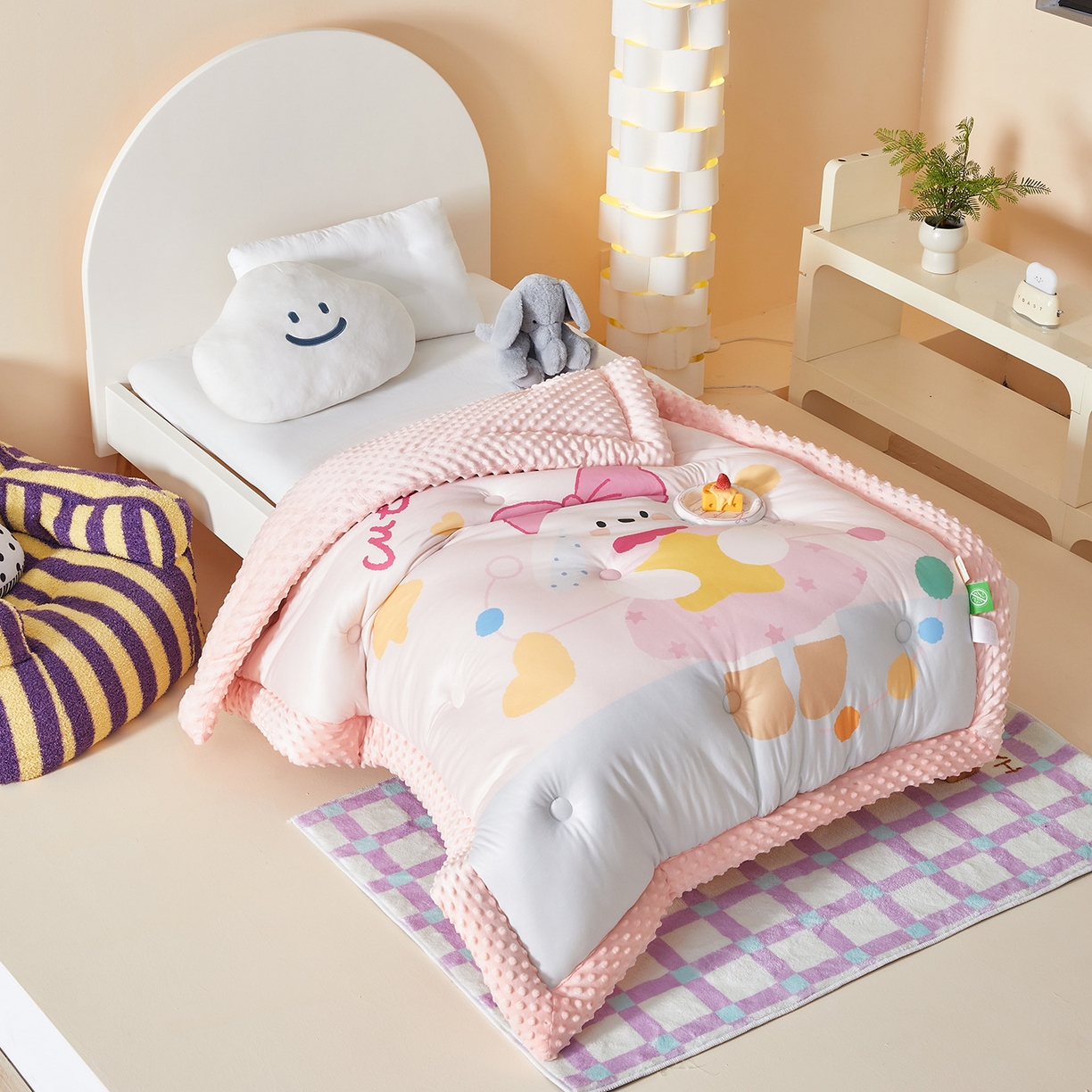 91家纺网 家纺一手货源 找家纺 荷马之梦 2025新款A类针织棉数码印花卡通手绘豆豆绒儿童被芯春秋被冬被-安睡系列 爱心兔