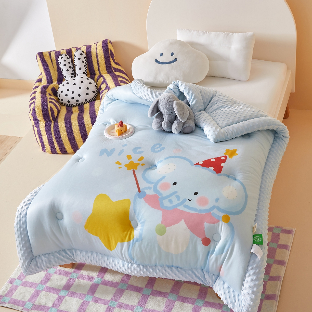 91家纺网 家纺一手货源 找家纺 荷马之梦 2025新款A类针织棉数码印花卡通手绘豆豆绒儿童被芯春秋被冬被-安睡系列 萌萌小象