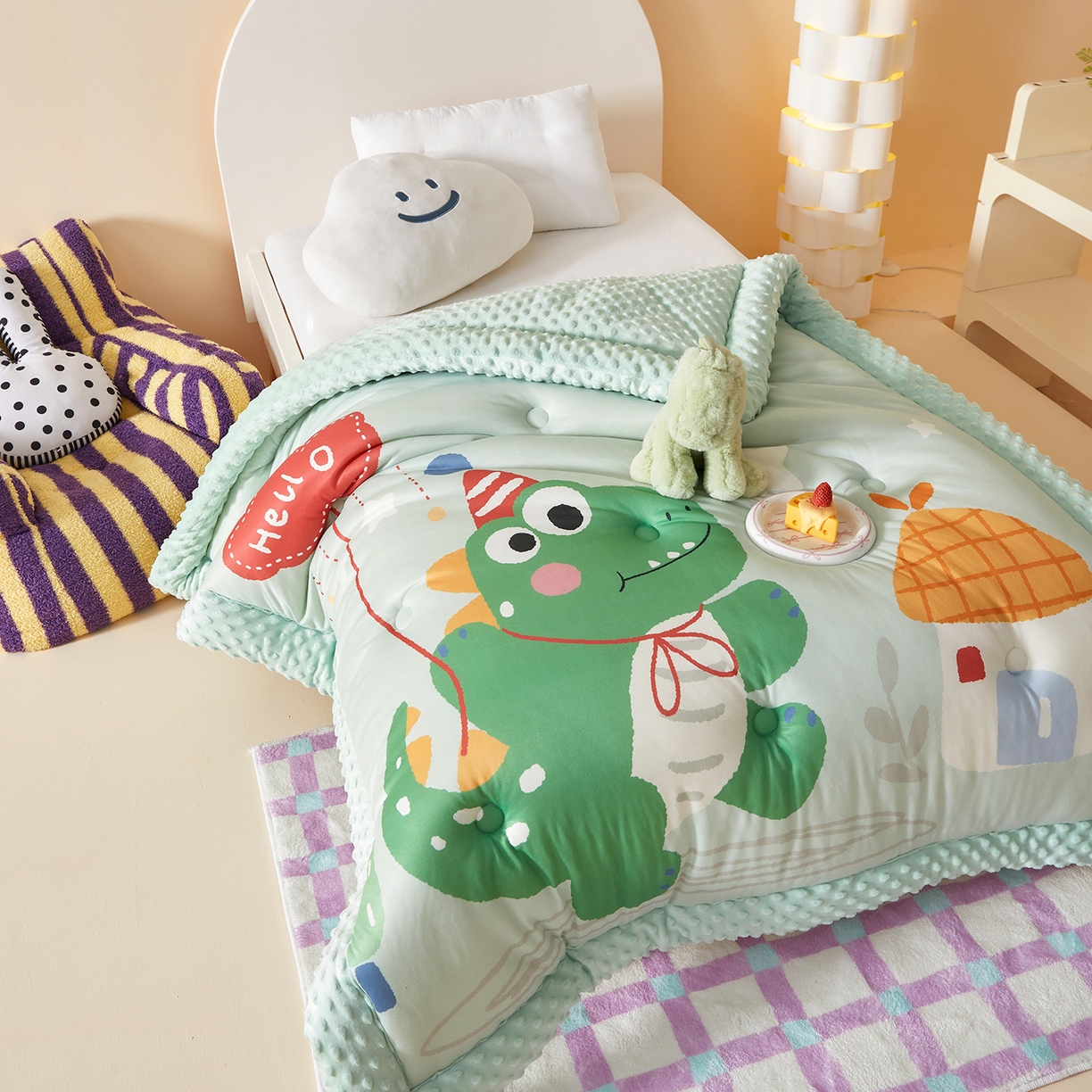 91家纺网 家纺一手货源 找家纺 荷马之梦 2025新款A类针织棉数码印花卡通手绘豆豆绒儿童被芯春秋被冬被-安睡系列 恐龙之家