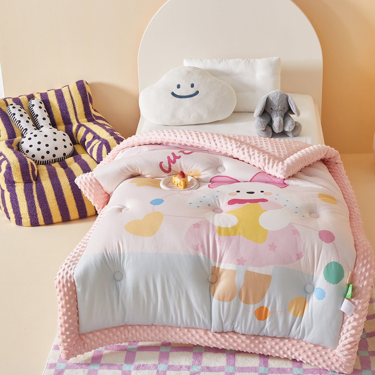 91家纺网 家纺一手货源 找家纺 荷马之梦 2025新款A类针织棉数码印花卡通手绘豆豆绒儿童被芯春秋被冬被-安睡系列 爱心兔