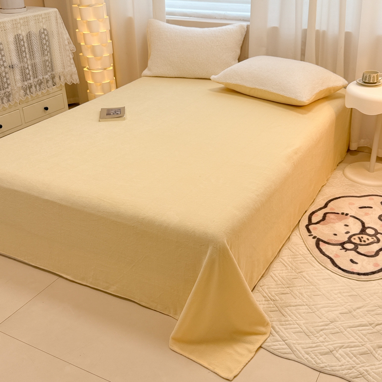 91家纺网 家纺一手货源 找家纺 眠博士 2025新款A类泰迪绒牛奶绒纯色四件套 泰迪绒-安妮白黄