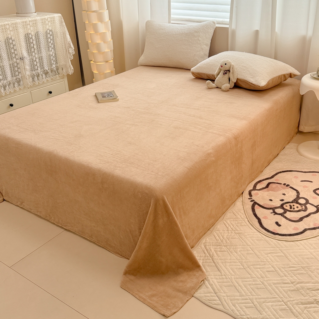 91家纺网 家纺一手货源 找家纺 眠博士 2025新款A类泰迪绒牛奶绒纯色四件套 泰迪绒-安妮白咖