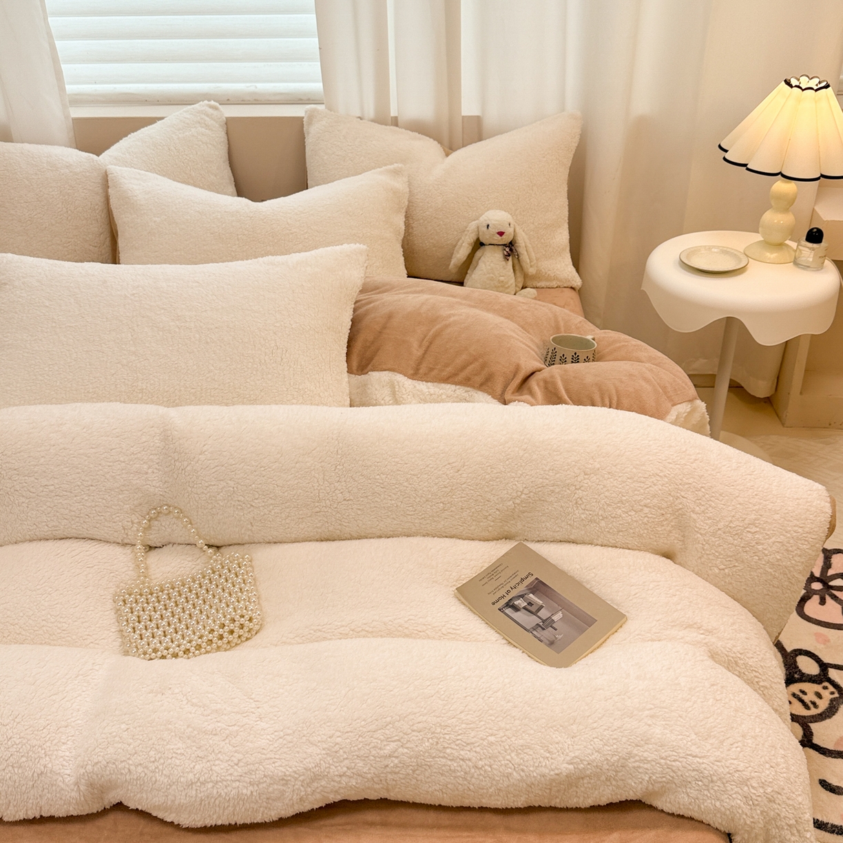 91家纺网 家纺一手货源 找家纺 眠博士 2025新款A类泰迪绒牛奶绒纯色四件套 泰迪绒-安妮白咖