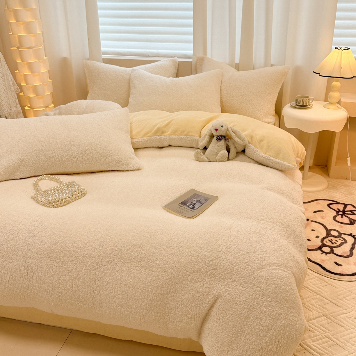 91家纺网 家纺一手货源 找家纺 眠博士 2025新款A类泰迪绒牛奶绒纯色四件套 泰迪绒-安妮白黄