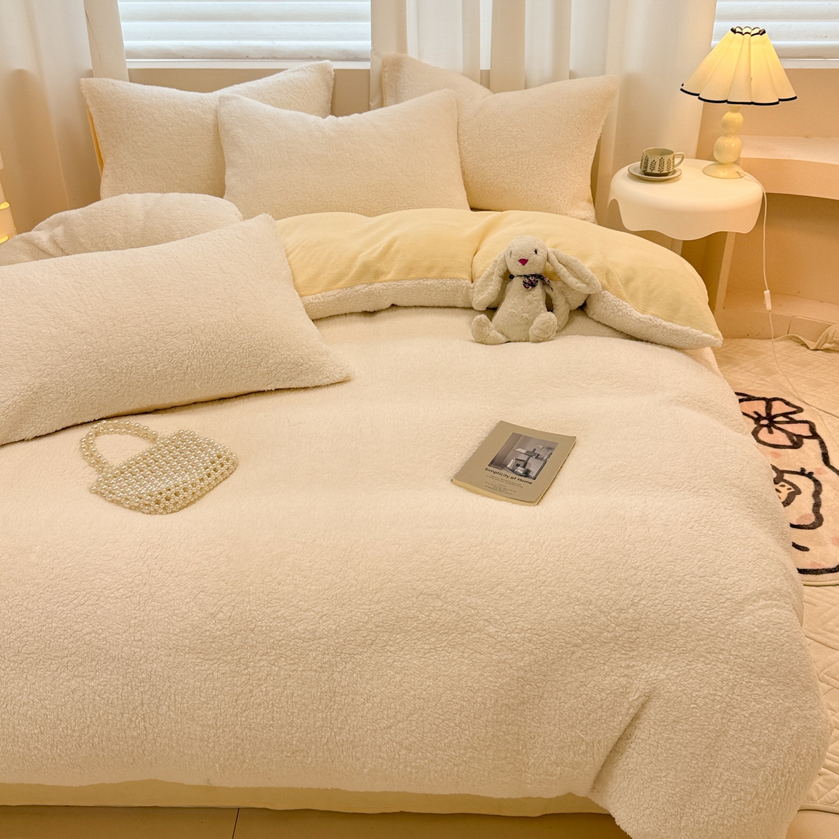 91家纺网 家纺一手货源 找家纺 眠博士 2025新款A类泰迪绒牛奶绒纯色四件套 泰迪绒-安妮白黄