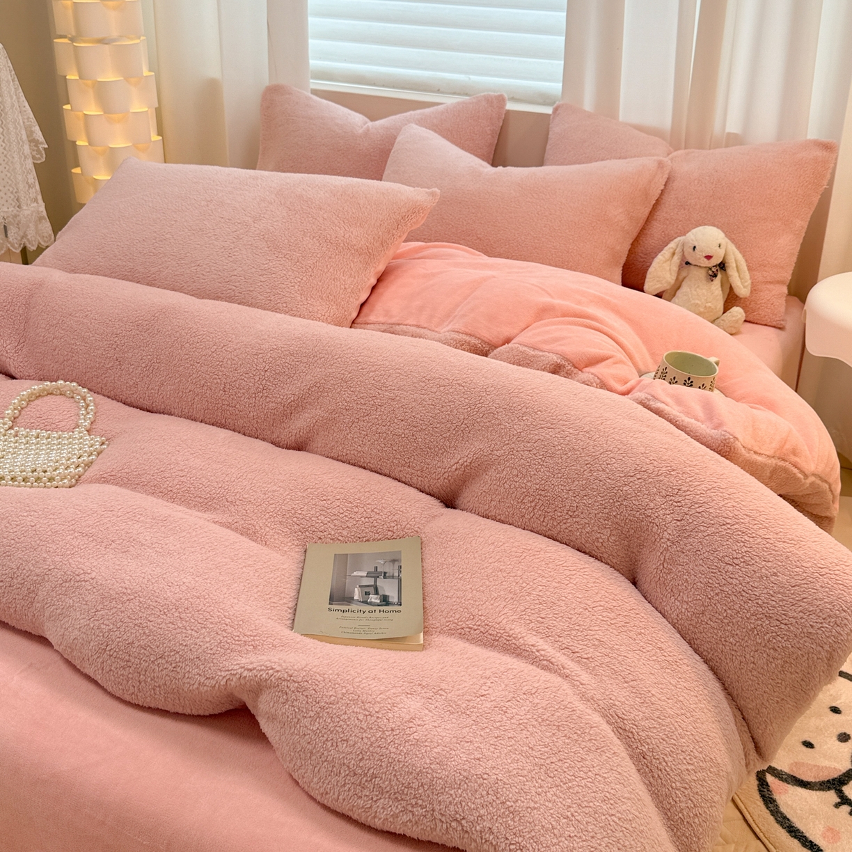 91家纺网 家纺一手货源 找家纺 眠博士 2025新款A类泰迪绒牛奶绒纯色四件套 泰迪绒-安妮粉