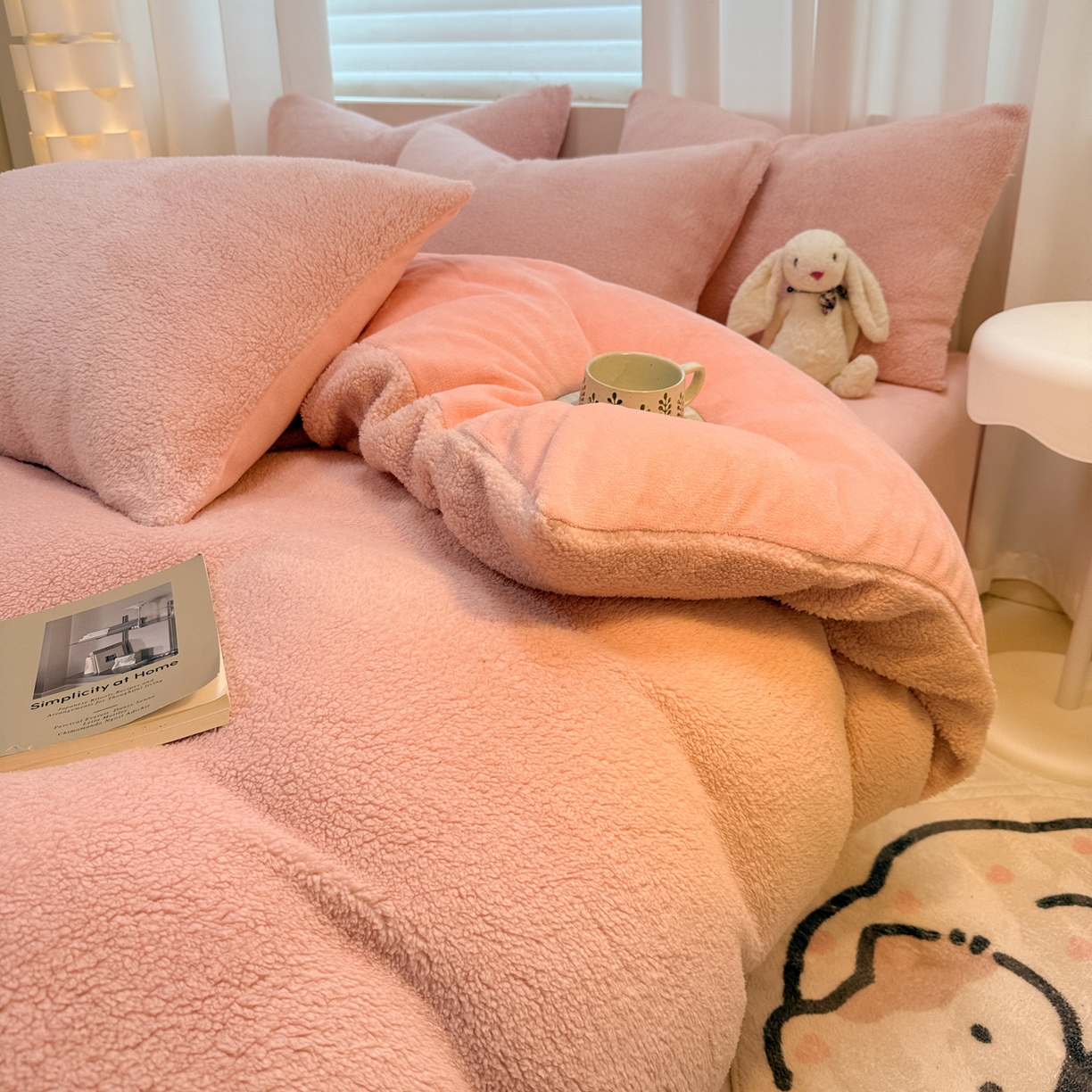 91家纺网 家纺一手货源 找家纺 眠博士 2025新款A类泰迪绒牛奶绒纯色四件套 泰迪绒-安妮粉