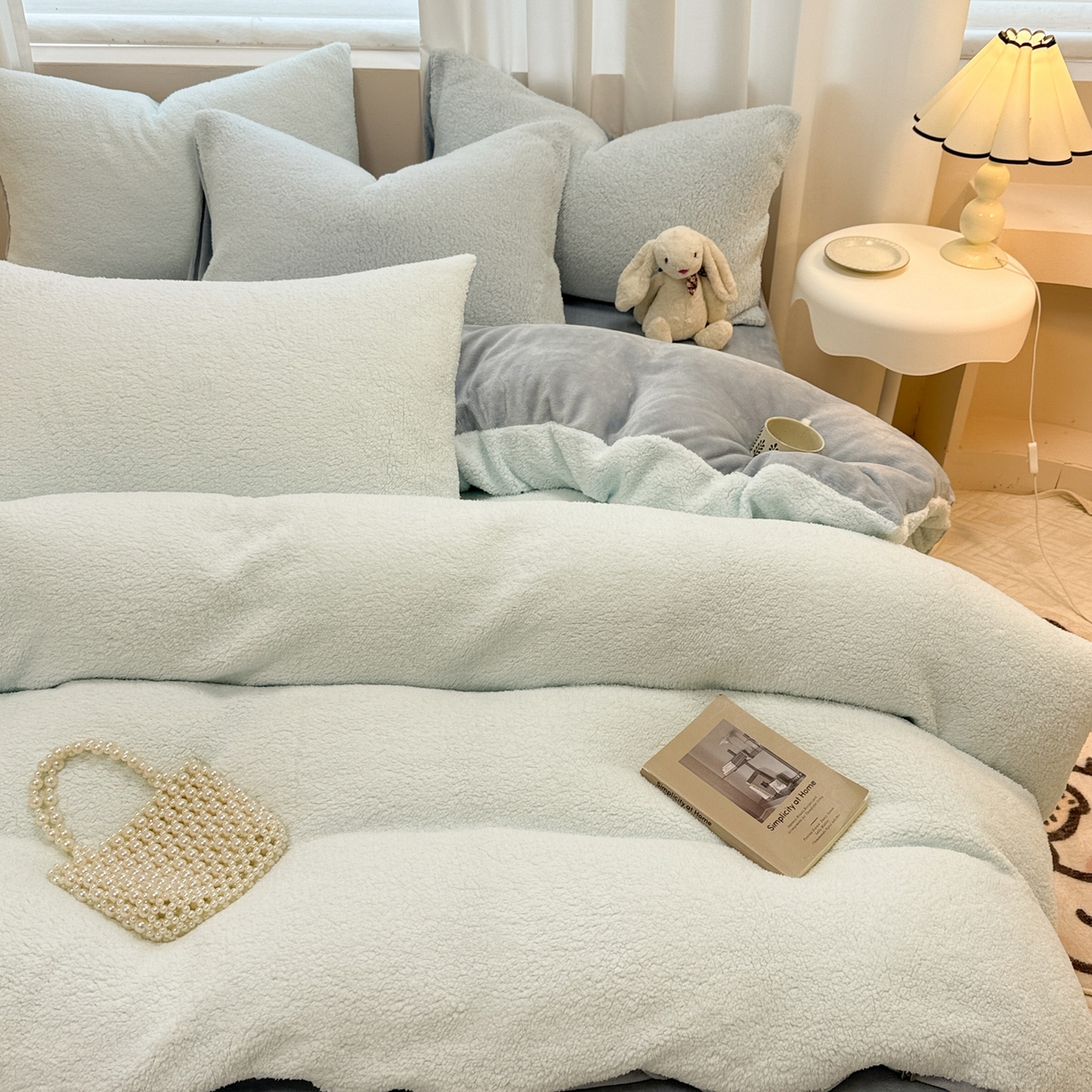 91家纺网 家纺一手货源 找家纺 眠博士 2025新款A类泰迪绒牛奶绒纯色四件套 泰迪绒-安妮蓝